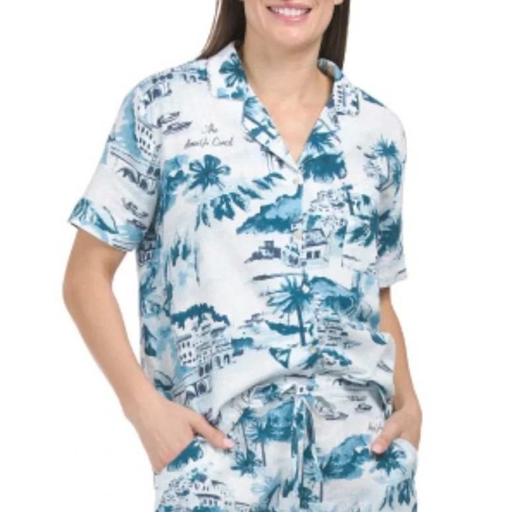 Cynthia Rowley Amalfi Coast Toile Linen Blend Pajama Top Blue White Womens M